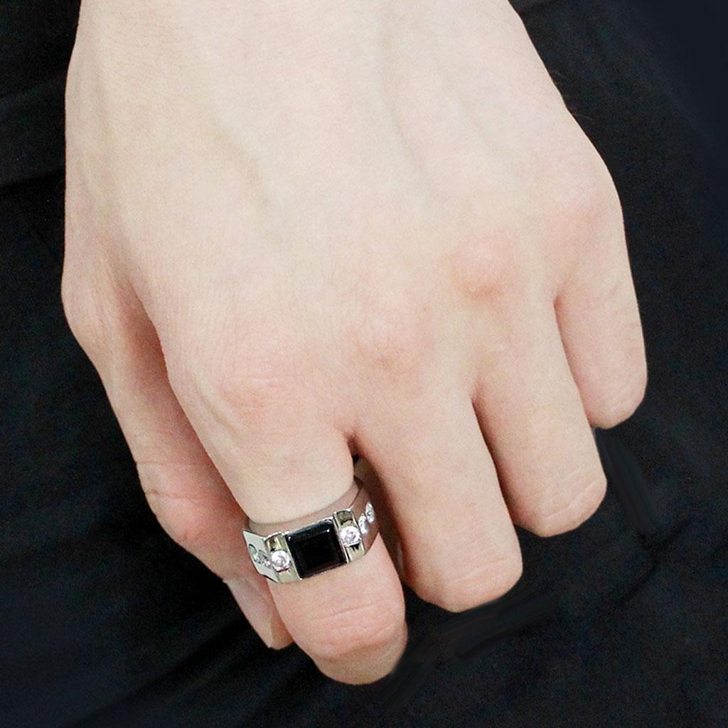 TK3615 - High polished (no plating) Stainless Steel Ring with Synthetic Onyx in Jet Alamode