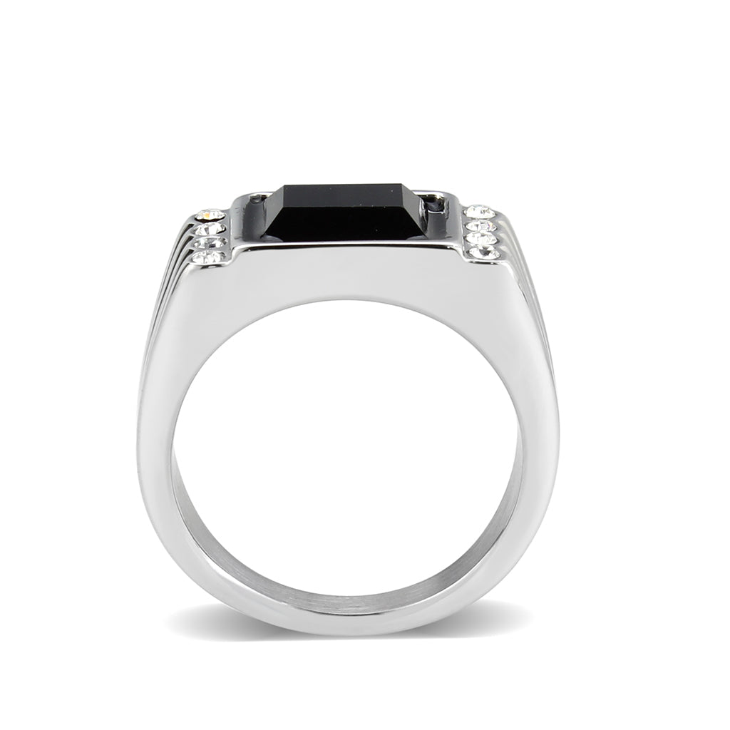 TK3902 - High polished (no plating) Stainless Steel Ring with Synthetic in Jet Alamode