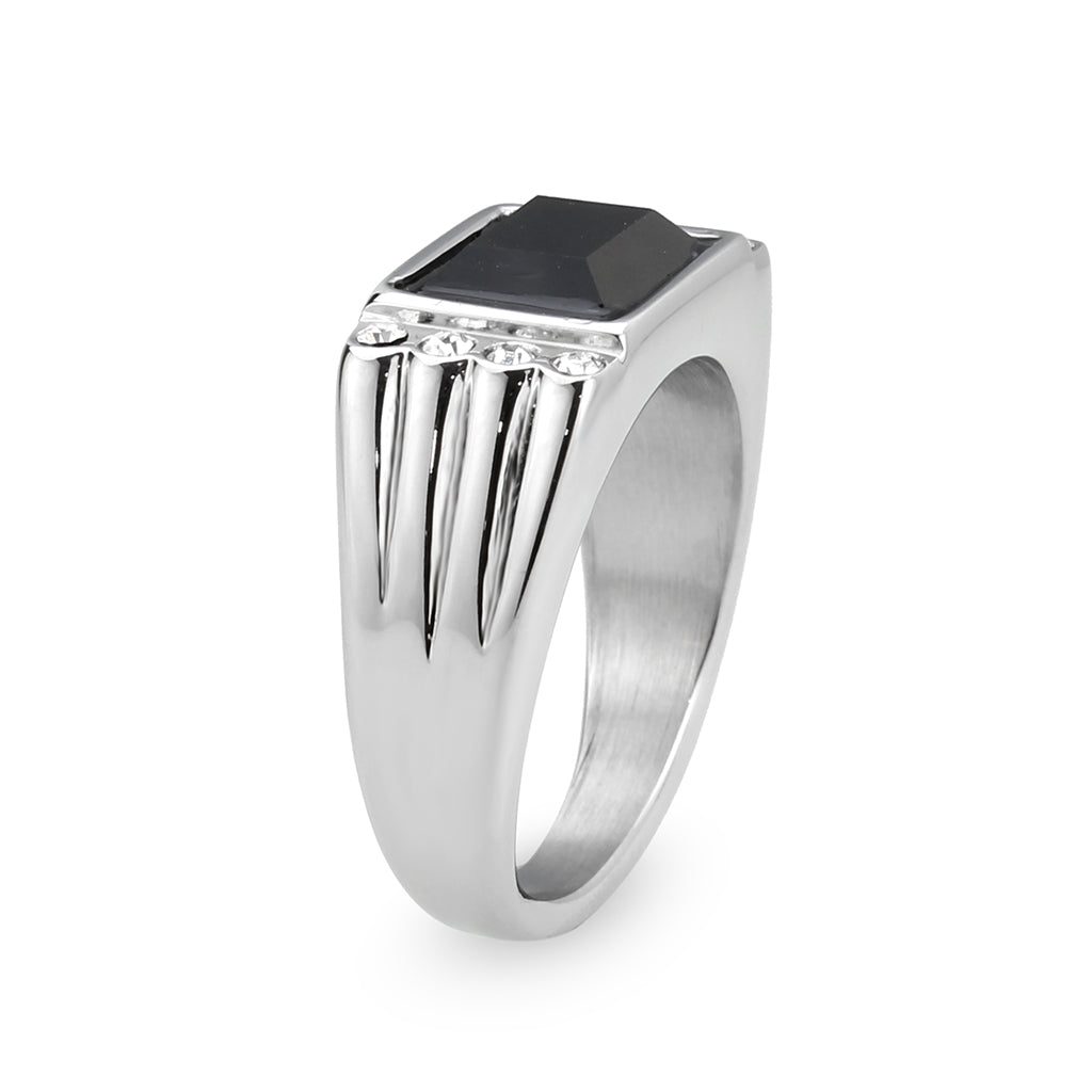 TK3902 - High polished (no plating) Stainless Steel Ring with Synthetic in Jet Alamode
