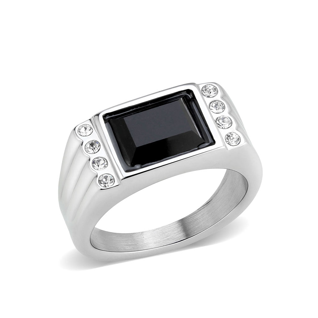 TK3902 - High polished (no plating) Stainless Steel Ring with Synthetic in Jet Alamode