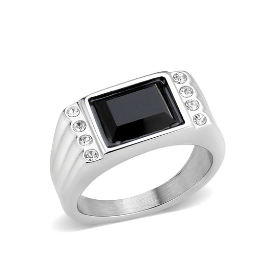 TK3902 - High polished (no plating) Stainless Steel Ring with Synthetic in Jet Alamode