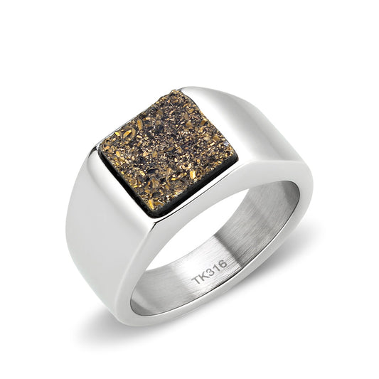 TK3904 - High polished (no plating) Stainless Steel Ring with Druzy in Brown Alamode