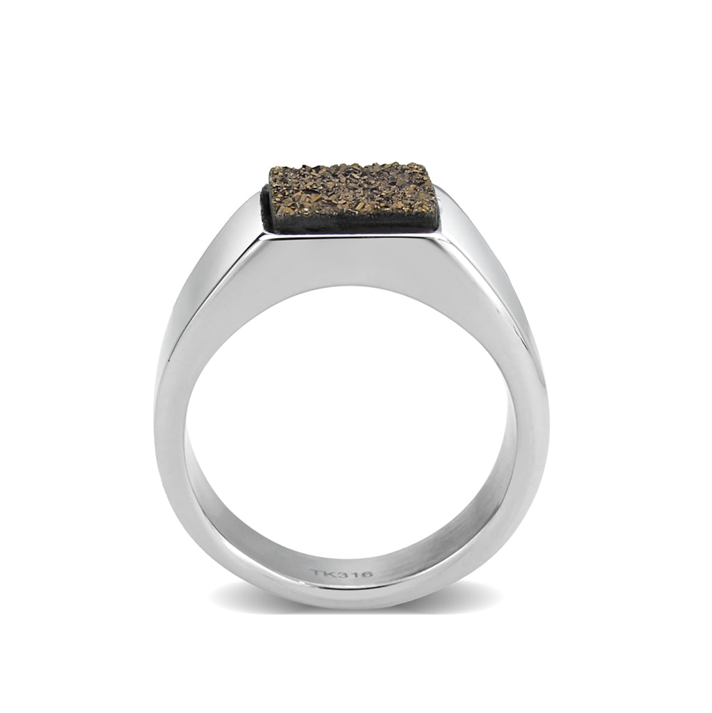 TK3904 - High polished (no plating) Stainless Steel Ring with Druzy in Brown Alamode