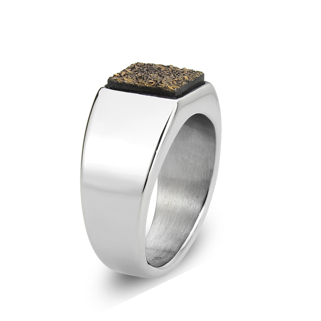 TK3904 - High polished (no plating) Stainless Steel Ring with Druzy in Brown Alamode
