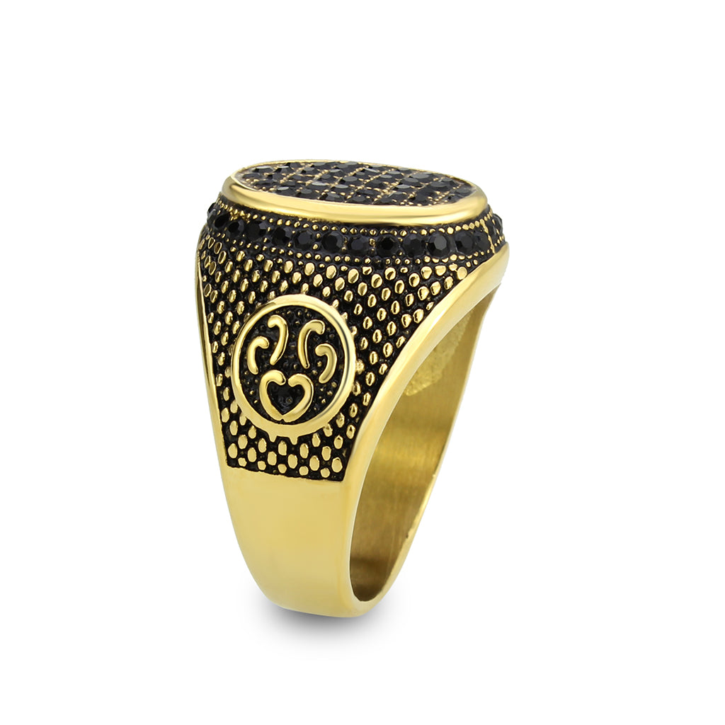 TK3910 - IP Gold(Ion Plating) Stainless Steel Ring with AAA Grade CZ in Jet Alamode