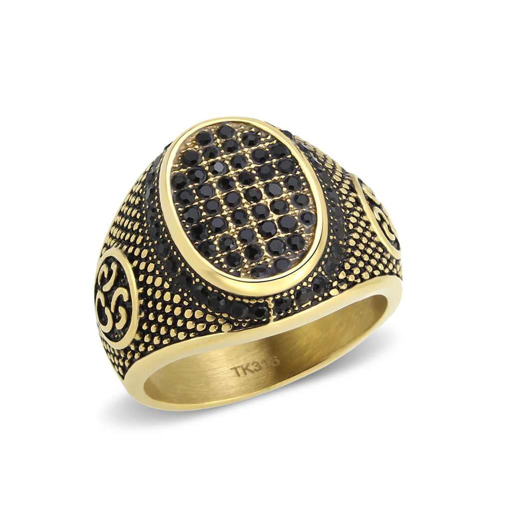 TK3910 - IP Gold(Ion Plating) Stainless Steel Ring with AAA Grade CZ in Jet Alamode