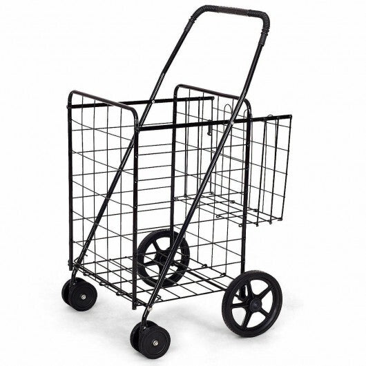 Folding Shopping Cart for Laundry with Swiveling Wheels and Dual Storage Baskets-Black W2B
