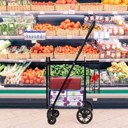 Folding Shopping Cart Basket Rolling Trolley with Adjustable Handle-Black W2B