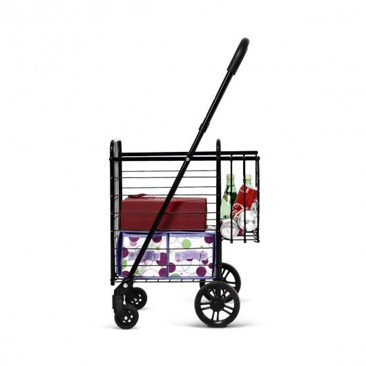 Folding Shopping Cart Basket Rolling Trolley with Adjustable Handle-Black W2B