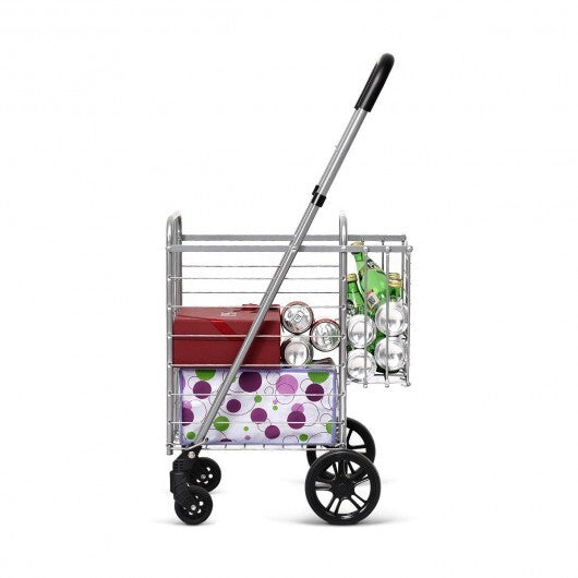 Folding Shopping Cart Basket Rolling Trolley with Adjustable Handle-Black W2B