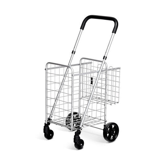Folding Shopping Cart Basket Rolling Trolley with Adjustable Handle-Silver - Color: Silver W2B
