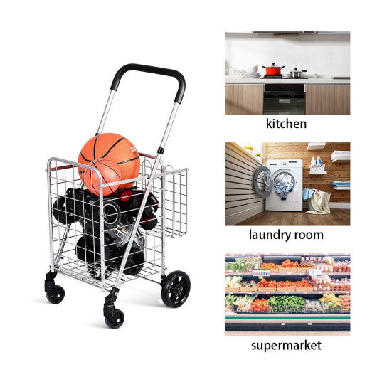 Folding Shopping Cart Basket Rolling Trolley with Adjustable Handle-Silver - Color: Silver W2B