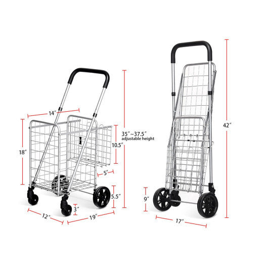 Folding Shopping Cart Basket Rolling Trolley with Adjustable Handle-Silver - Color: Silver W2B