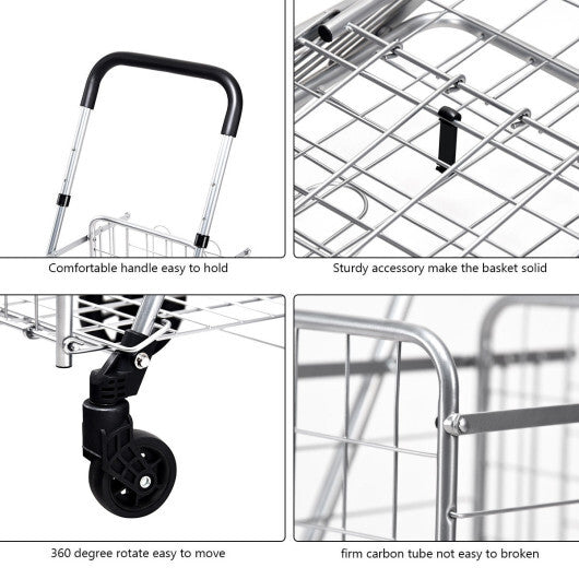 Folding Shopping Cart Basket Rolling Trolley with Adjustable Handle-Silver - Color: Silver W2B