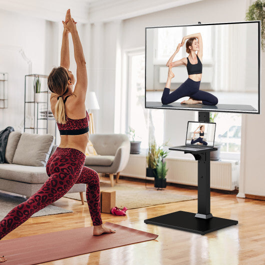 Tilt and Height Adjustable Floor TV Stand with Power Outlet and Adjustable AV Shelf