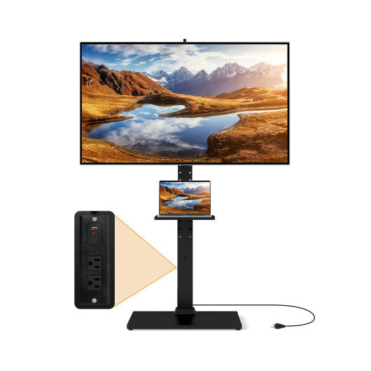 Tilt and Height Adjustable Floor TV Stand with Power Outlet and Adjustable AV Shelf