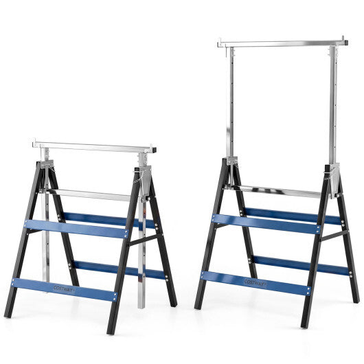 2 Pack Heavy Duty Metal Folding Saw Horses with Adjustable Height- Blue W2B