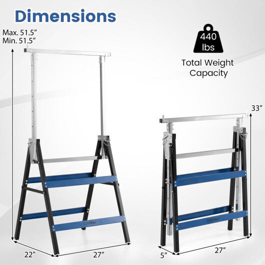 2 Pack Heavy Duty Metal Folding Saw Horses with Adjustable Height- Blue W2B