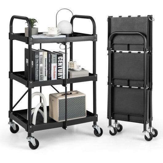 3-Tier Folding Trolley Cart with Universal Wheels Heavy Duty for Warehouse-Black W2B