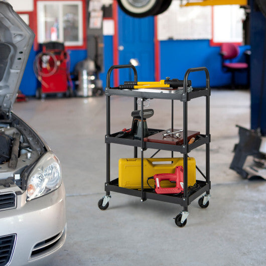 3-Tier Folding Trolley Cart with Universal Wheels Heavy Duty for Warehouse-Black W2B