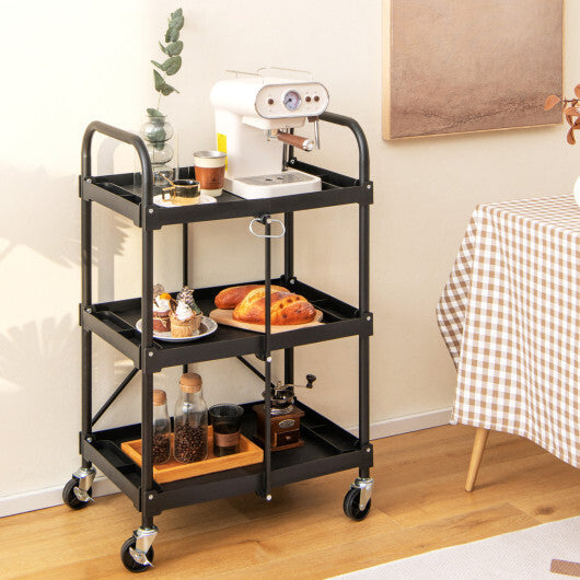 3-Tier Folding Trolley Cart with Universal Wheels Heavy Duty for Warehouse-Black W2B