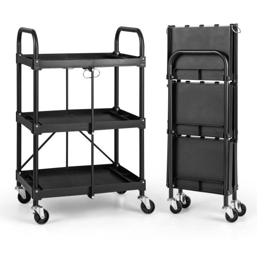 3-Tier Folding Trolley Cart with Universal Wheels Heavy Duty for Warehouse-Black W2B