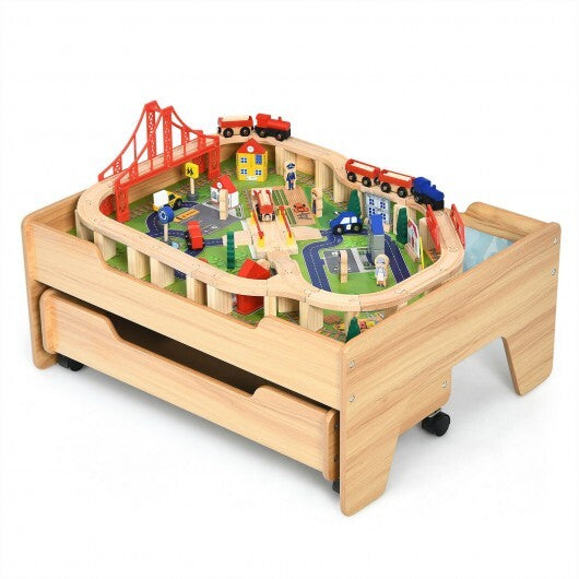 Kids Wooden Train Set Table with 100 Multicolor Pieces and Lockable Wheels W2B