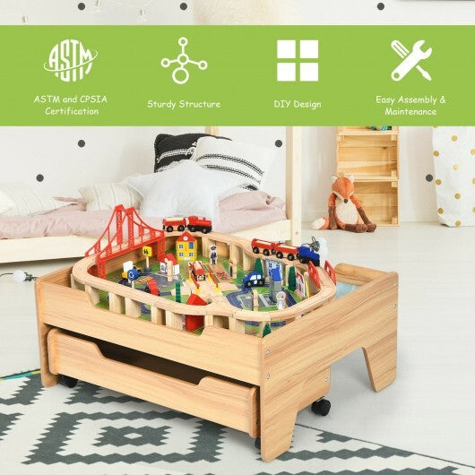 Kids Wooden Train Set Table with 100 Multicolor Pieces and Lockable Wheels W2B