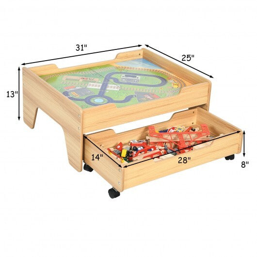 Kids Wooden Train Set Table with 100 Multicolor Pieces and Lockable Wheels W2B
