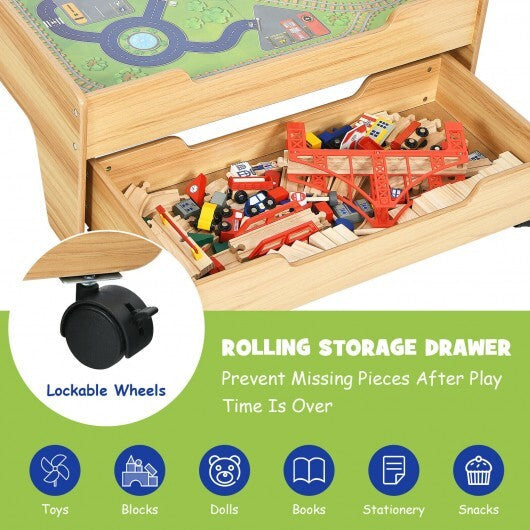 Kids Wooden Train Set Table with 100 Multicolor Pieces and Lockable Wheels W2B