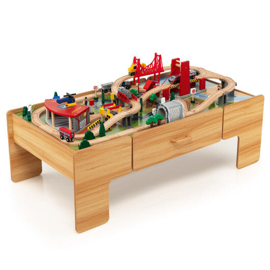 100-Piece Double-Sided Wooden Train Set Table with Storage Drawer for Kids Age 3 + W2B