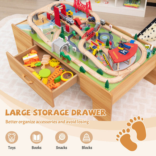100-Piece Double-Sided Wooden Train Set Table with Storage Drawer for Kids Age 3 + W2B