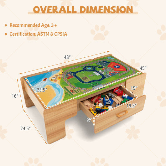 100-Piece Double-Sided Wooden Train Set Table with Storage Drawer for Kids Age 3 + W2B