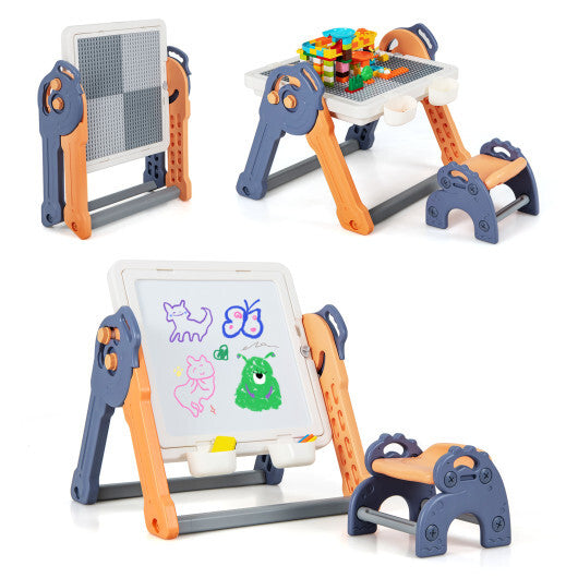 6-In-1 Folding Kids Art Easel with Reversible Building Block Tabletop W2B