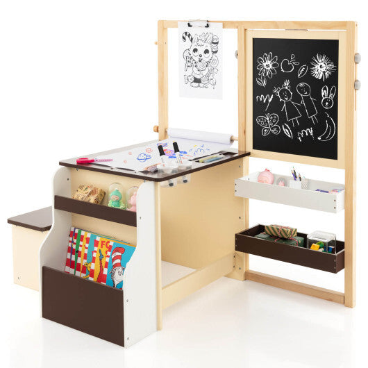 Kids Art Center Wooden Table Bench Set-Brown W2B