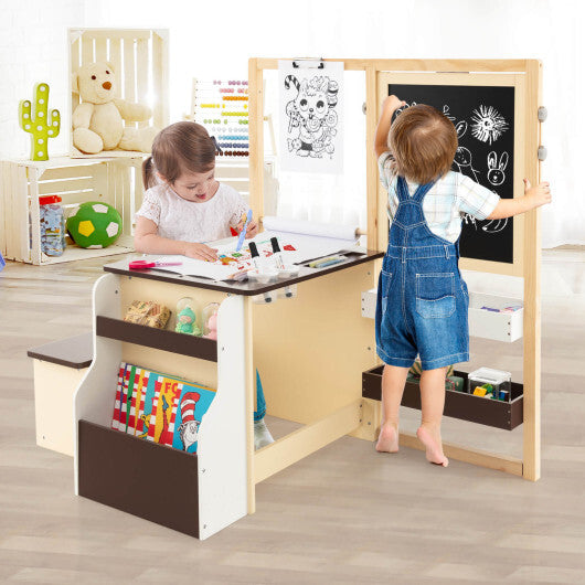 Kids Art Center Wooden Table Bench Set-Brown W2B