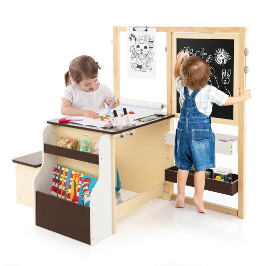 Kids Art Center Wooden Table Bench Set-Brown W2B