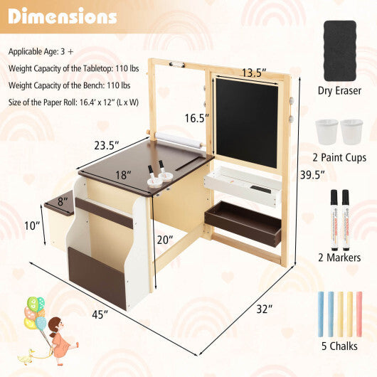 Kids Art Center Wooden Table Bench Set-Brown W2B