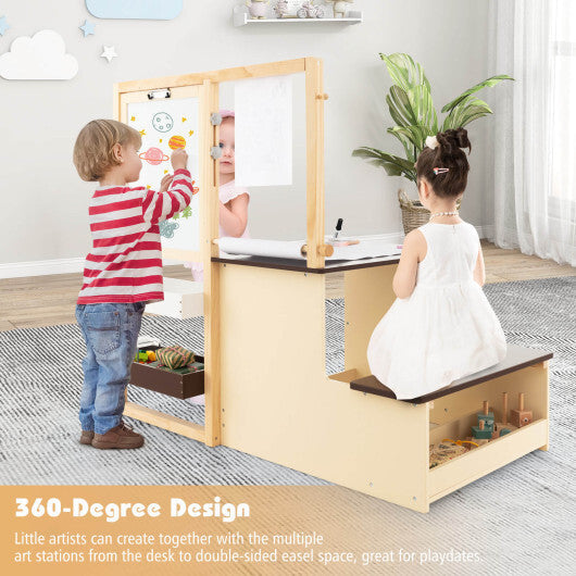 Kids Art Center Wooden Table Bench Set-Brown W2B