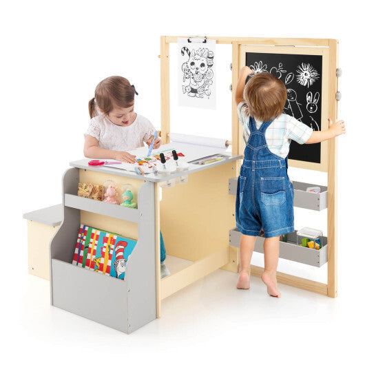Kids Art Center Wooden Table Bench Set-Brown W2B