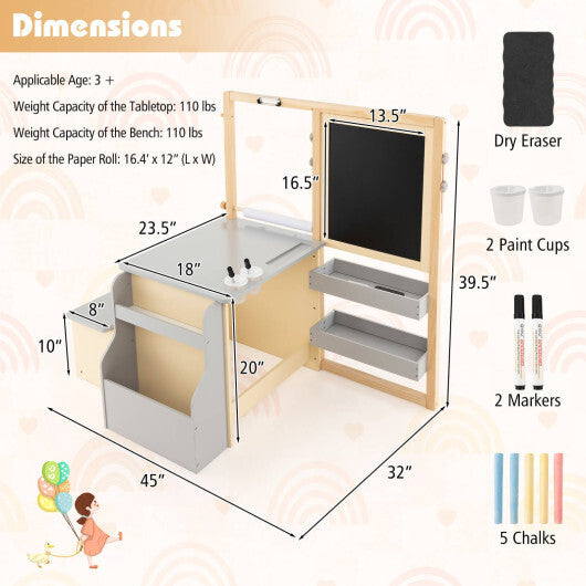 Kids Art Center Wooden Table Bench Set-Brown W2B