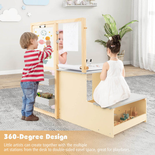 Kids Art Center Wooden Table Bench Set-Brown W2B