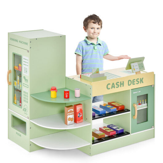 Kids Wooden Supermarket Play Toy Set with Checkout Counter-Green W2B