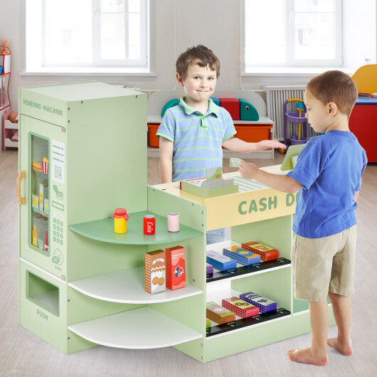 Kids Wooden Supermarket Play Toy Set with Checkout Counter-Green W2B