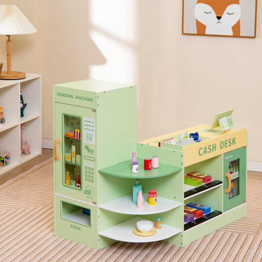 Kids Wooden Supermarket Play Toy Set with Checkout Counter-Green W2B