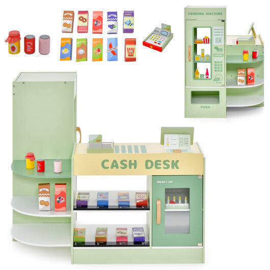 Kids Wooden Supermarket Play Toy Set with Checkout Counter-Green W2B