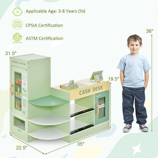 Kids Wooden Supermarket Play Toy Set with Checkout Counter-Green W2B