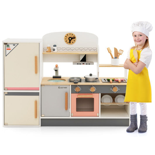 Kids Play Kitchen Set with Realistic Range Hood and Refrigerator W2B