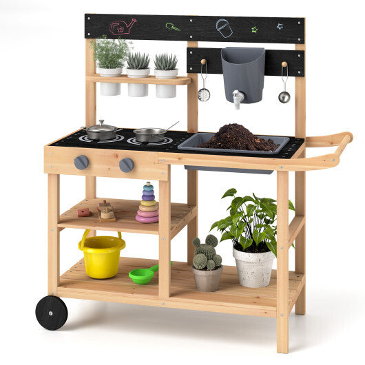 Outdoor Fir Wood Play Kitchen with Blackboard and Planting Pots-Natural W2B