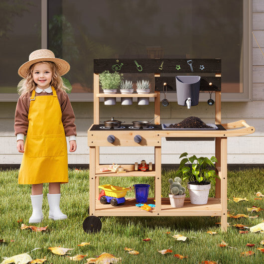 Outdoor Fir Wood Play Kitchen with Blackboard and Planting Pots-Natural W2B